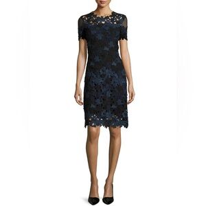 Elie Tahari Ophelia Navy and Black Floral Lace Midi Dress